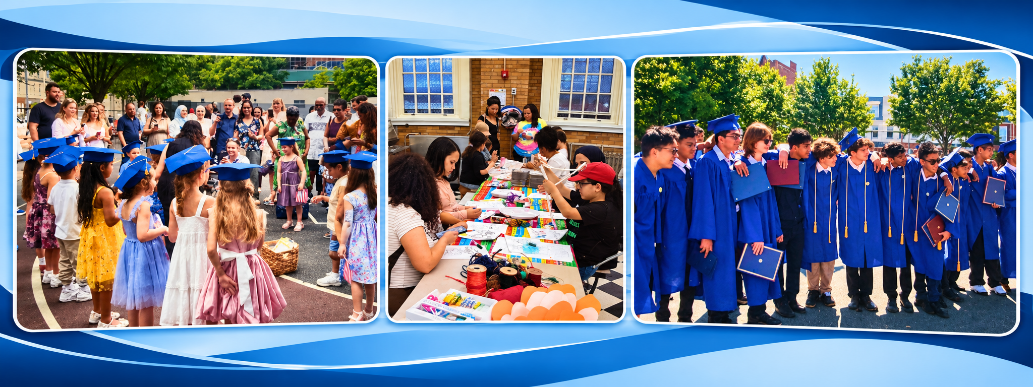 School community collage showing graduation celebrations and an arts and crafts activity.