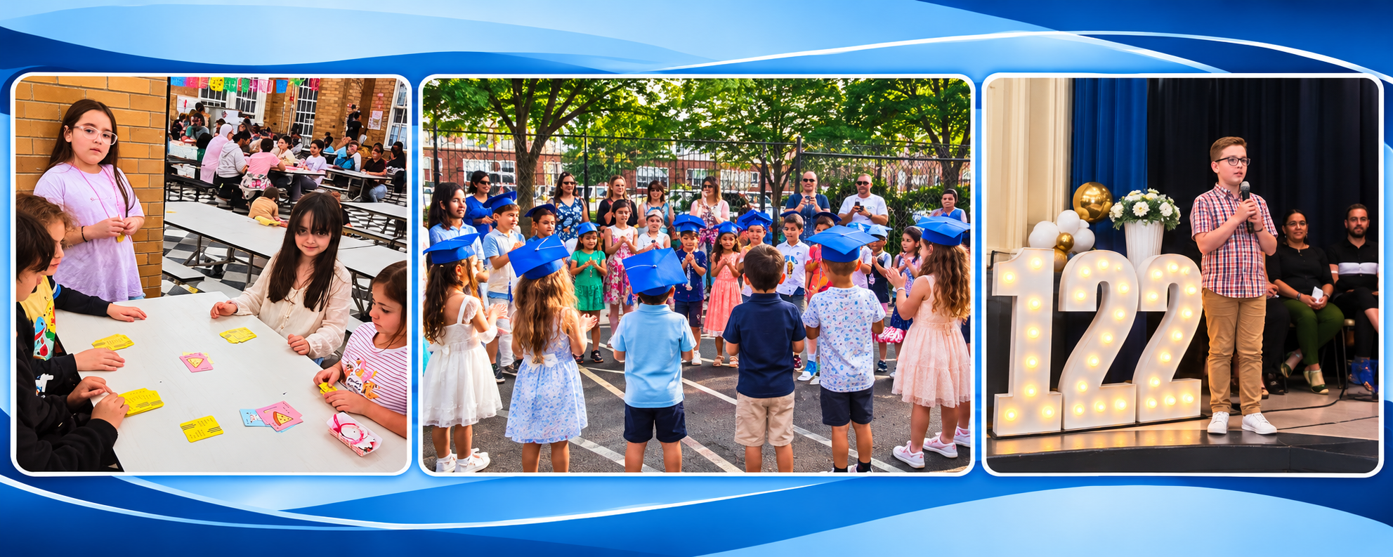 School community collage showing a card game, outdoor graduation, and a child speaking beside illuminated 122 numerals.